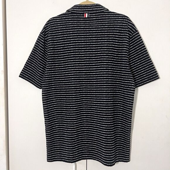 Thom Browne Knit Polo Mens 5 Blue Terry Short Sleeve Striped Collared Luxury - Picture 2 of 8